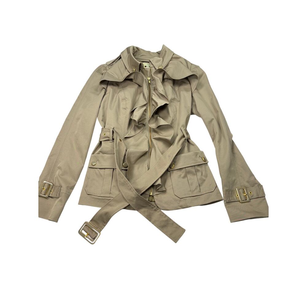 elevenses womens khaki full zip short ruffle front trench coat. Size 10. utility